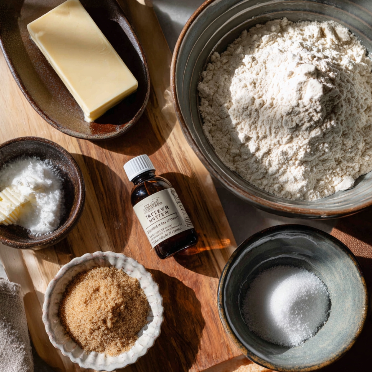 Top view of baking ingredients for red velvet cookie dough, including flour, butter, brown sugar, powdered sugar, vanilla extract, and salt on a wooden board in natural light.