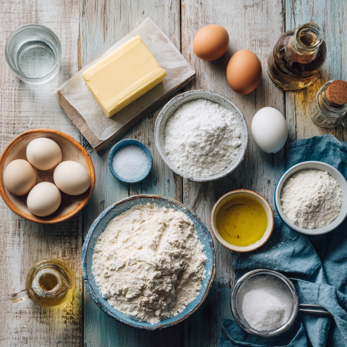 Flat lay of French beignets ingredients on a rustic wooden table: butter, flour, sugar, eggs, salt, water, oil, vanilla extract, and powdered sugar with a sifter, styled in a cozy homemade kitchen setting.