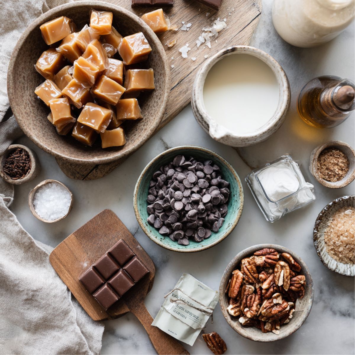 Flat lay of gooey layer ingredients for Knock You Naked Bars, including caramel candies, chocolate chips, chopped pecans, milk, sea salt, and vanilla on a marble surface with rustic bowls and natural light.