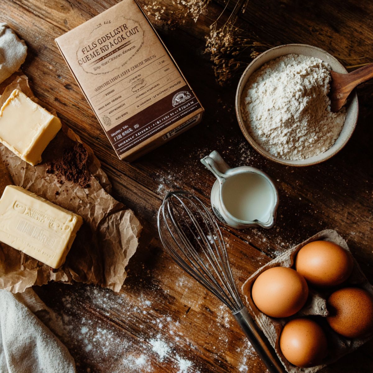 Flat lay of homemade baking ingredients for Knock You Naked Bars, including butter, eggs, flour, cocoa, milk, and a cake mix box on a rustic wooden surface with a whisk and flour dusted around.