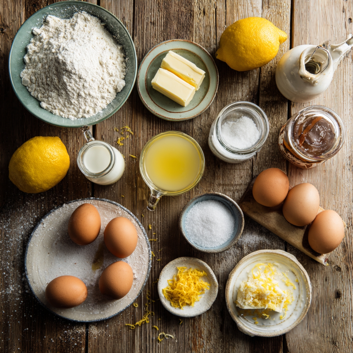 Flat lay of lemon drizzle cake ingredients on a rustic wooden table, including flour, butter, eggs, lemons, milk, sugar, lemon juice, and lemon zest in small bowls, styled naturally with a homemade feel.