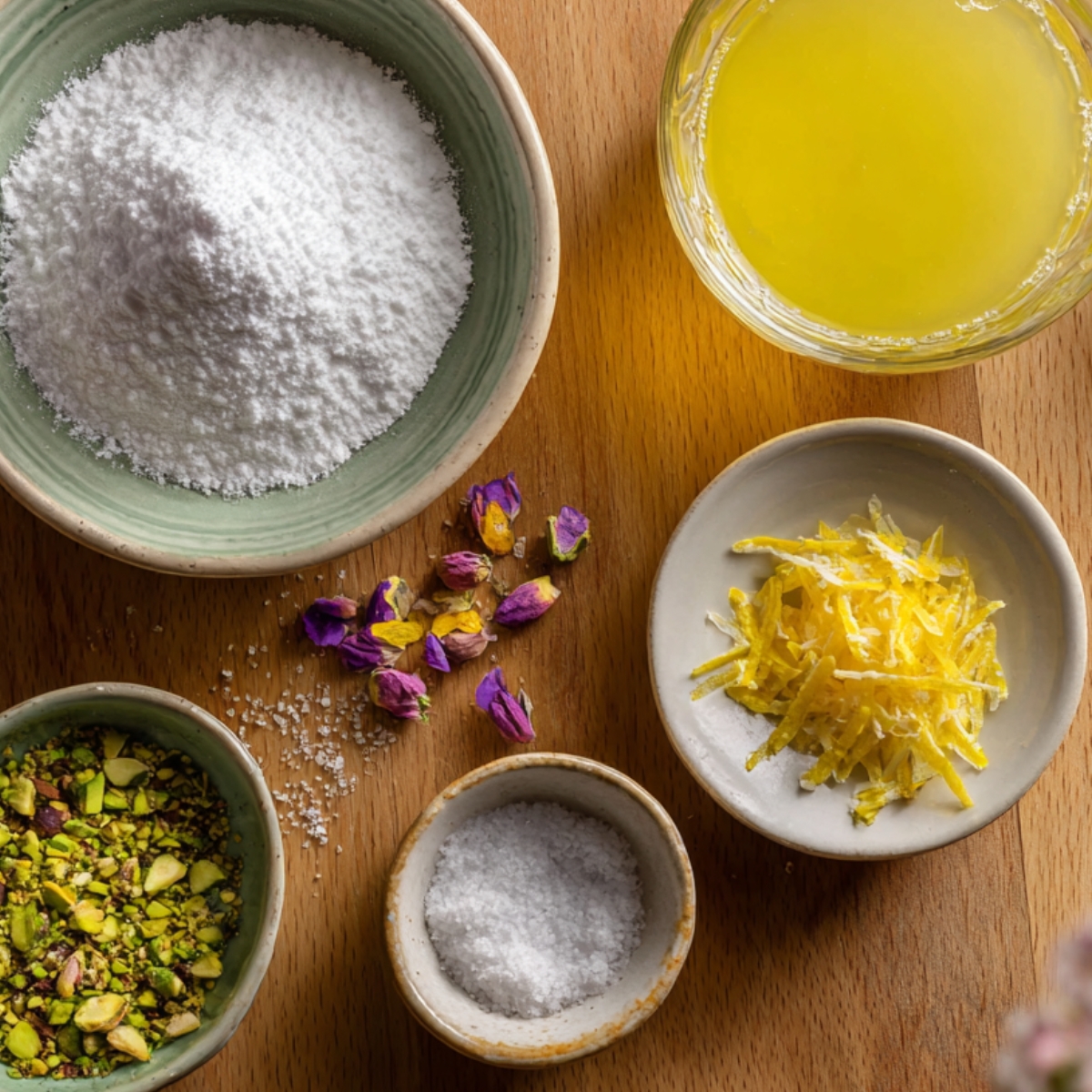 Overhead shot of lemon glaze ingredients on a wooden table: powdered sugar in a green bowl, lemon juice in a glass bowl, zest in a small dish, chopped pistachios, coarse salt, and scattered purple and yellow edible flowers, styled naturally in warm light.