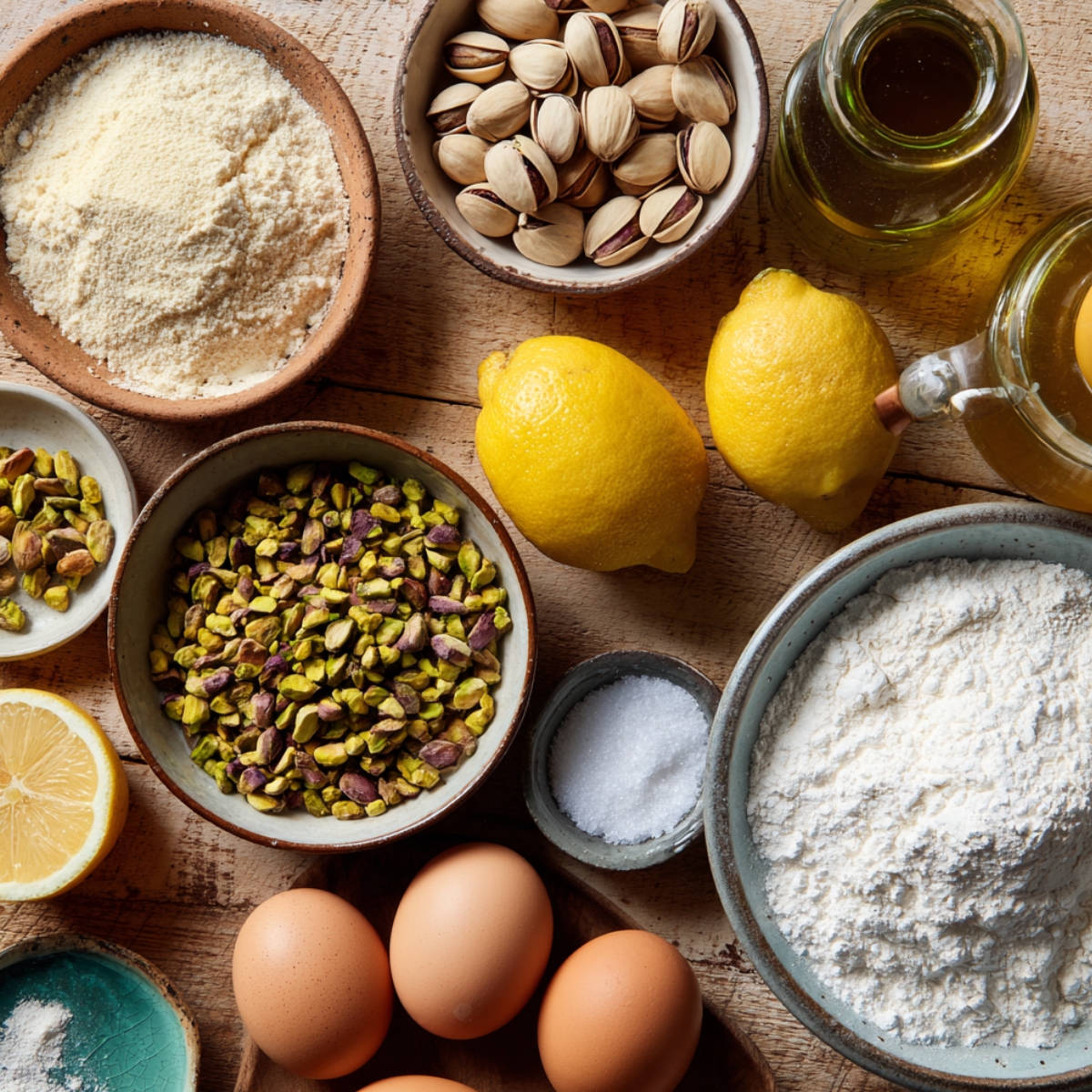Overhead shot of Lemon Pistachio Cake ingredients on a rustic wooden table: bowls of flour, ground nuts, shelled pistachios, whole pistachios, lemons (whole and halved), coarse salt, olive oil in glass jars, and brown eggs. Natural, homemade look in warm light.
