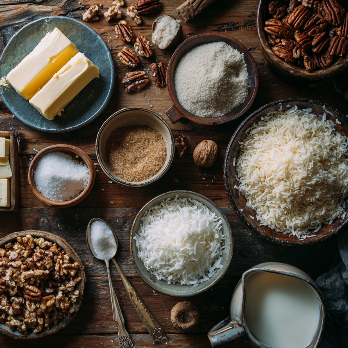 Ingredients for oatmeal cake topping: butter, shredded coconut, sugar, pecans, walnuts, and milk arranged on a rustic wooden table.