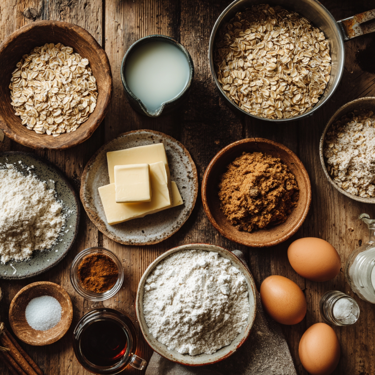 Oatmeal cake ingredients on a rustic wooden table: oats, flour, brown sugar, butter, eggs, milk, cinnamon, salt, and vanilla.