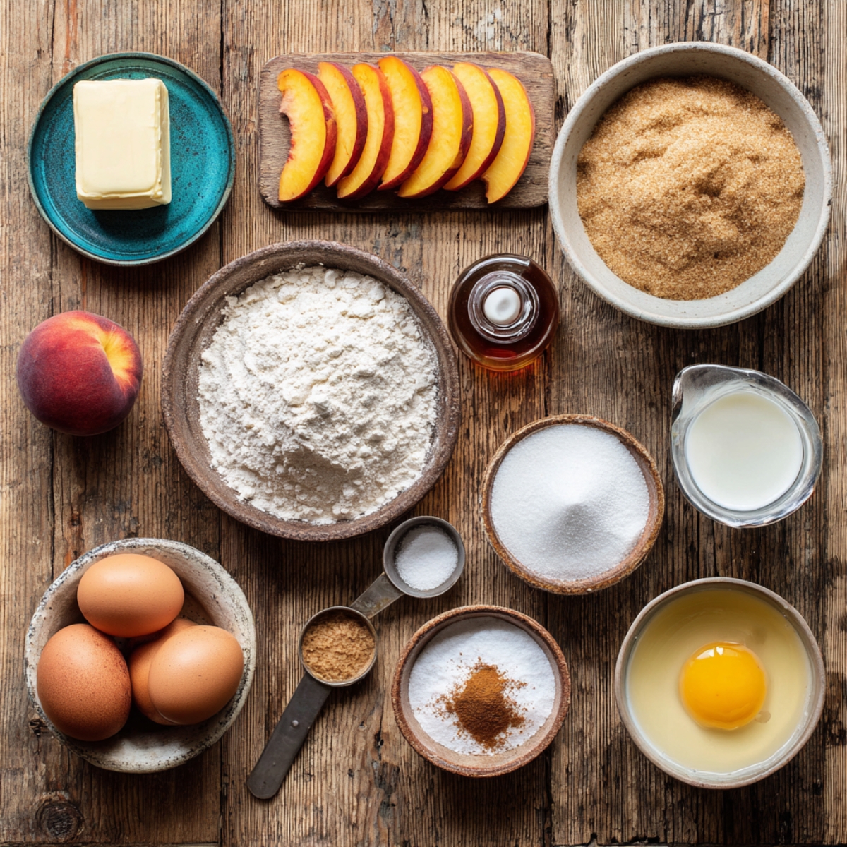 Ingredients for peach upside down mini cakes: peaches, flour, sugar, butter, eggs, milk, vanilla, and cinnamon.