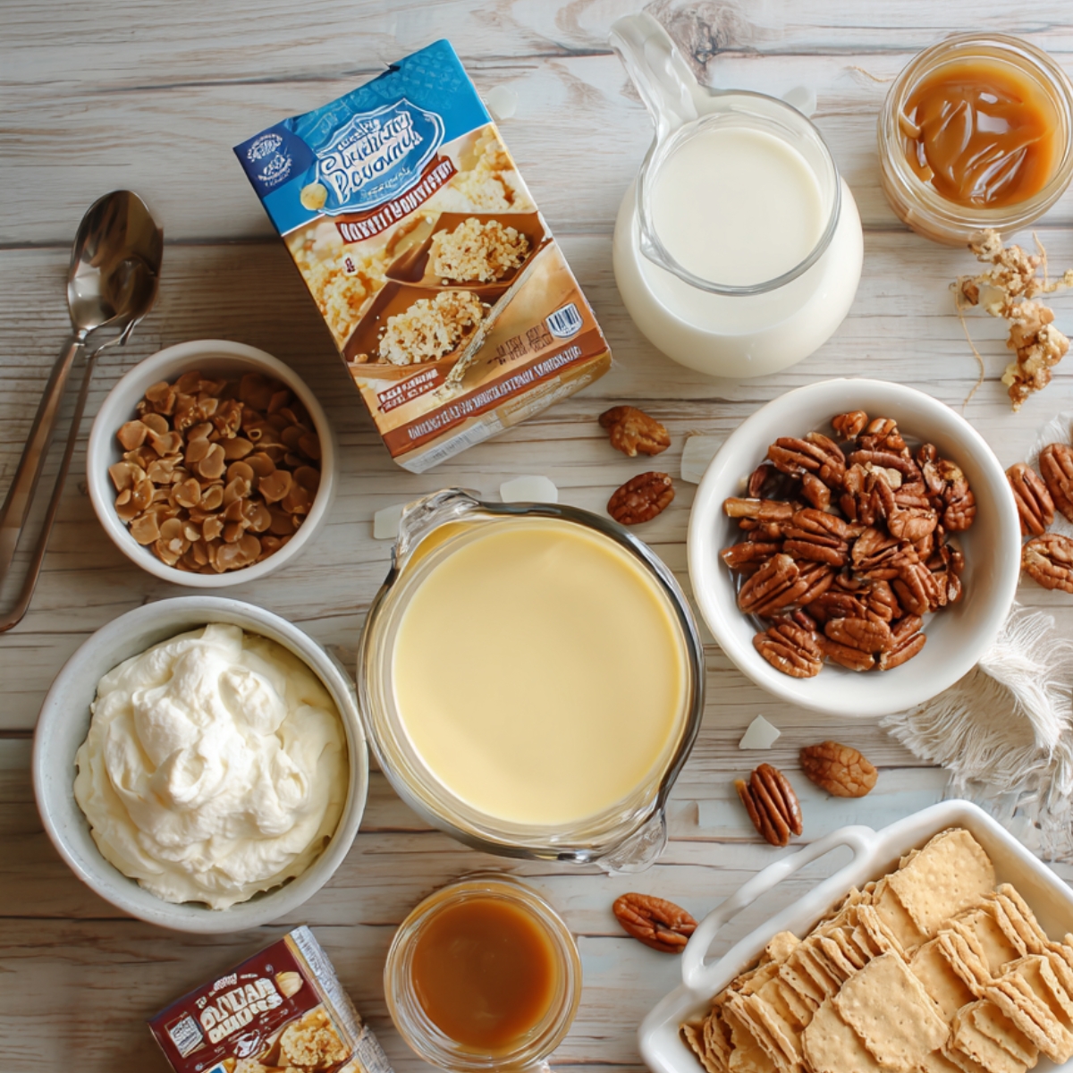 Ingredients for pecan pie lasagna arranged on a wooden table, including graham crackers, pudding, whipped cream, pecans, caramel, milk, and butterscotch chips.