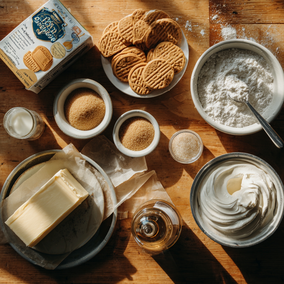 Pecan pie lasagna ingredients on a wooden table with butter, sugar, cookies, flour, milk, vanilla, and whipped cream.