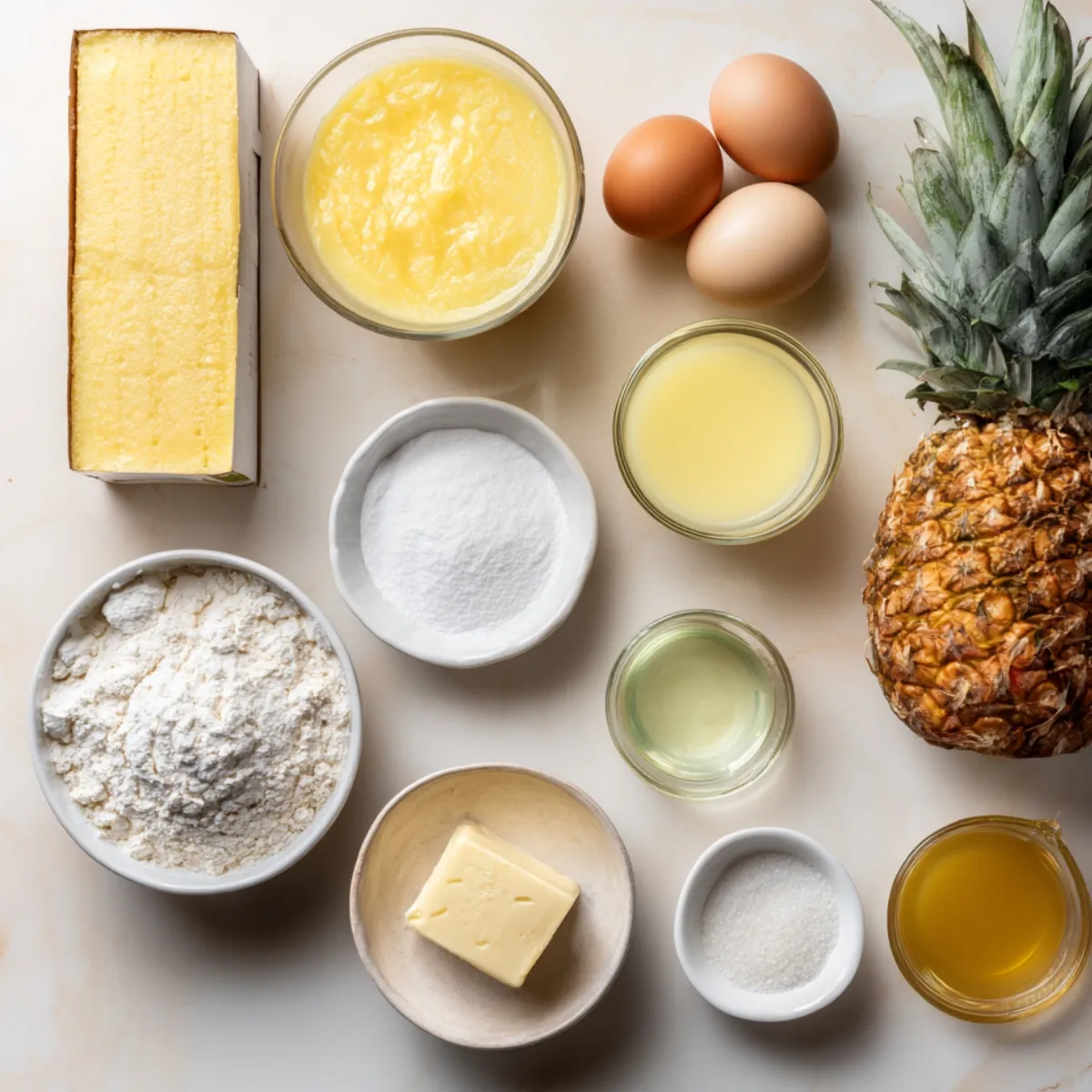 Flat lay of pineapple juice cake ingredients including butter, flour, sugar, eggs, pineapple, pineapple juice, and oil on a light surface.