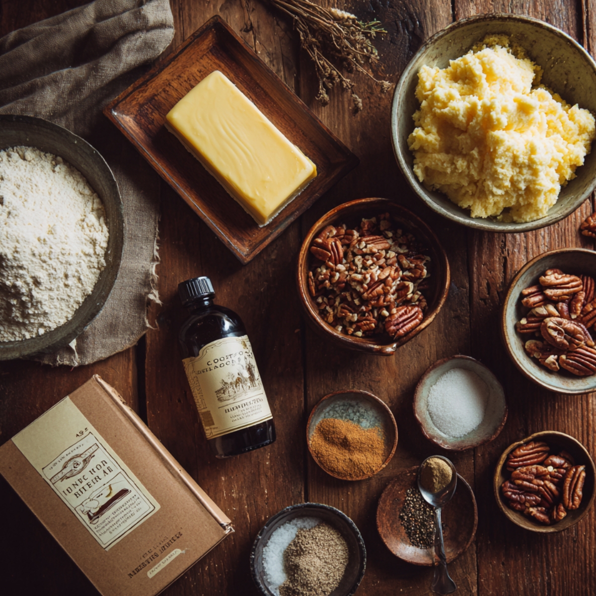 A realistic flat lay of pumpkin crunch cake topping ingredients on a rustic wooden table: butter on a wooden tray, yellow cake mix, flour, vanilla extract, chopped and whole pecans, sugar, brown sugar, salt, cinnamon, and allspice in ceramic bowls, warm autumn lighting.