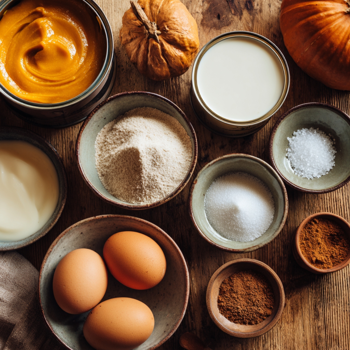 A realistic flat lay of pumpkin crunch cake ingredients on a rustic wooden table: pumpkin puree, evaporated milk, eggs, sugar, flour, salt, cinnamon, and nutmeg in ceramic bowls, with pumpkins in the background, warm autumn lighting.