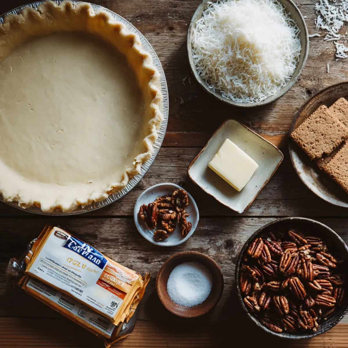 Overhead view of sawdust pie ingredients: unbaked pie crust, shredded coconut, butter, pecans, graham crackers, sugar, and margarine on a rustic wooden table.