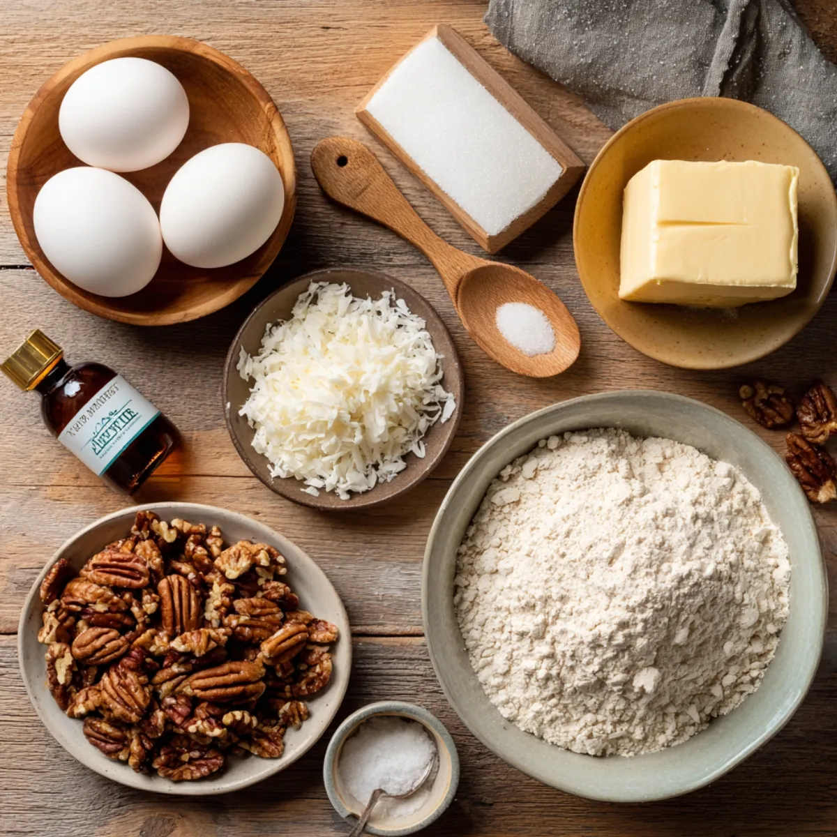 Overhead view of sawdust pie ingredients: flour, eggs, butter, sugar, coconut, pecans, vanilla, and salt on a rustic wooden table.
