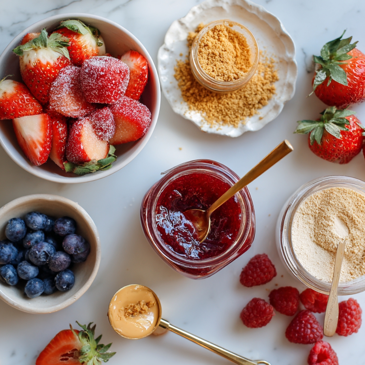 Fresh ingredients for strawberry cheesecake overnight oats on a marble counter: bowls of strawberries, blueberries, jam, graham cracker crumbs, protein powder, raspberries, and a gold spoon with peanut butter.