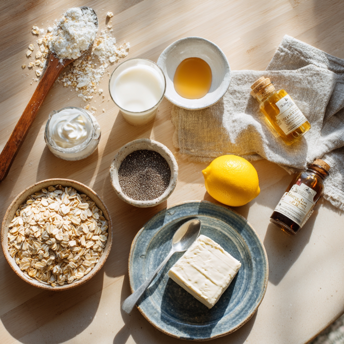 Ingredients for strawberry cheesecake overnight oats: oats, chia seeds, milk, yogurt, cream cheese, lemon, vanilla, and maple syrup on a wooden table.