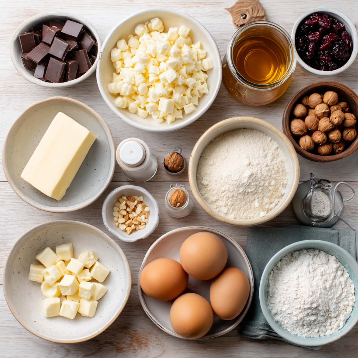 Flat lay of ingredients for white chocolate blondies, including butter, flour, eggs, white chocolate chunks, chips, nuts, dried cranberries, sugar, milk, salt, and vanilla, on a rustic white wooden surface.