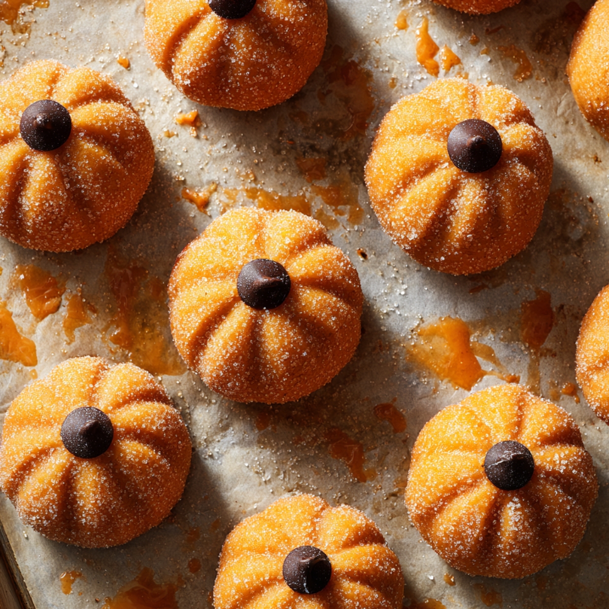 Pumpkin-shaped cheesecake truffles coated in sugar with chocolate chip stems on a parchment-lined baking sheet.