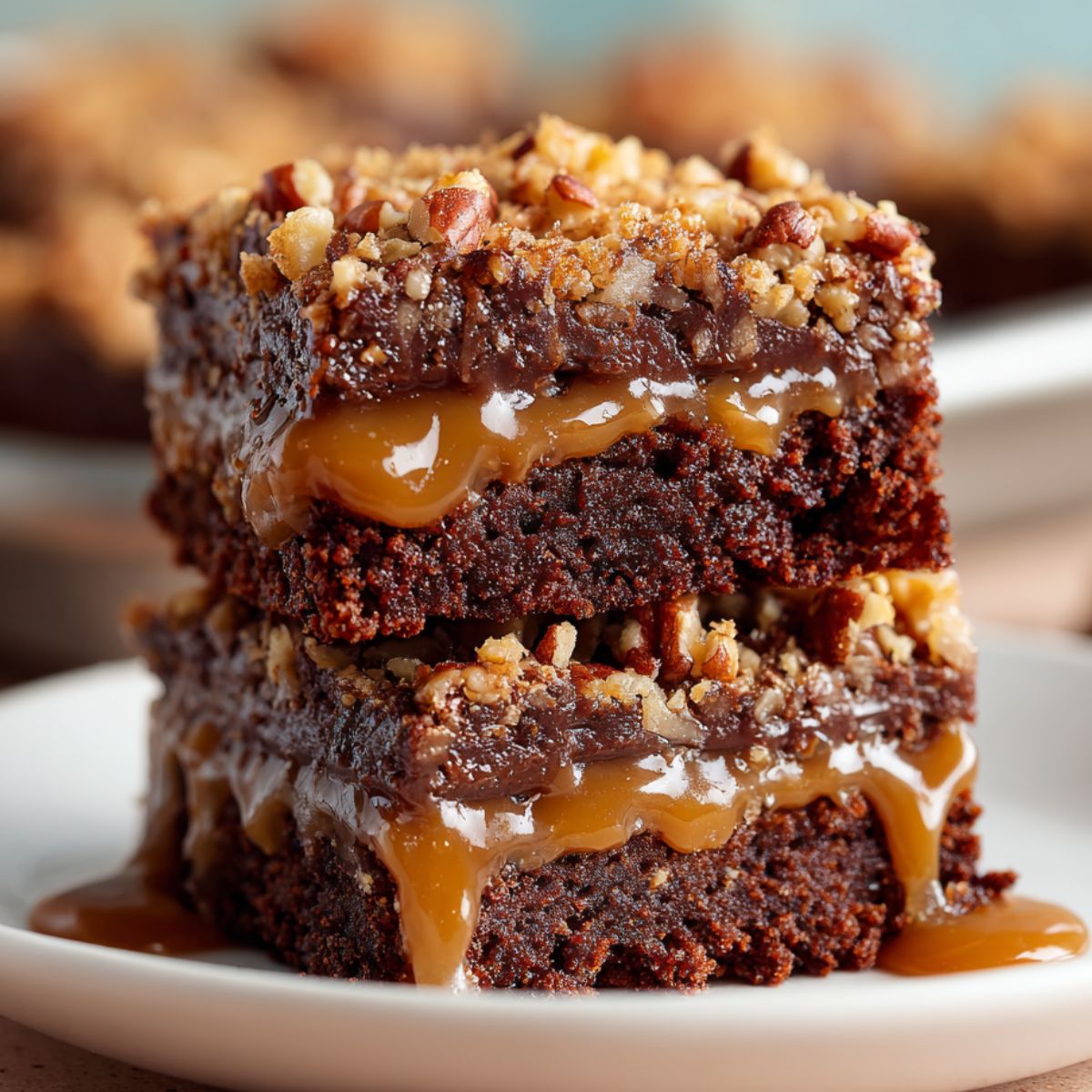 Homemade Knock You Naked Bars stacked on a plate, with gooey caramel dripping between fudgy brownie layers and topped with chopped pecans.