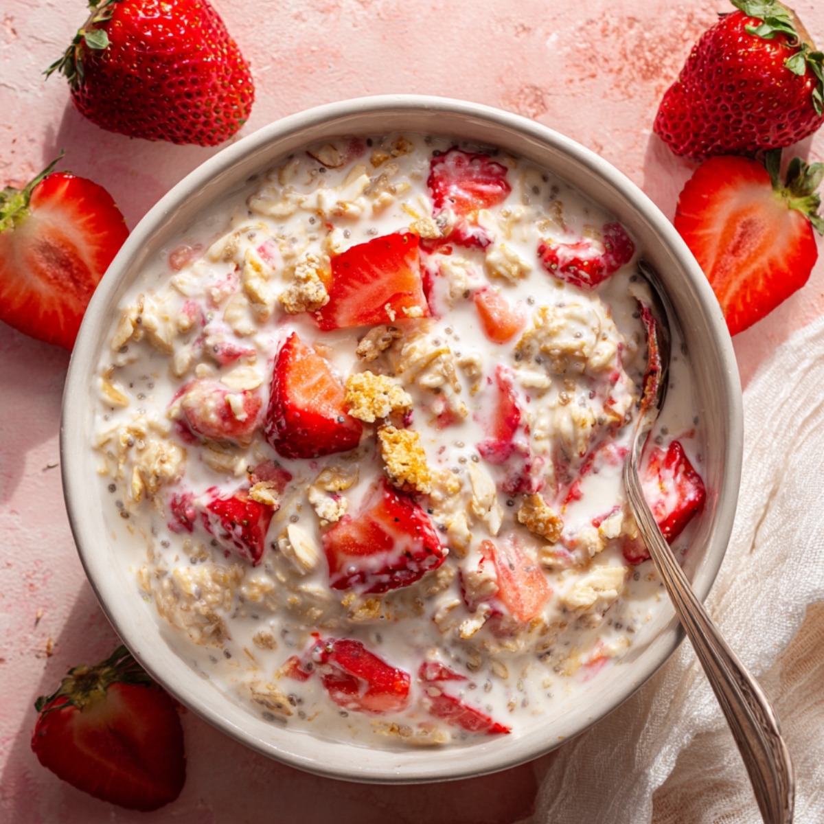 Bowl of strawberry cheesecake overnight oats with fresh strawberries, oats, and graham crumbs on a pink surface.