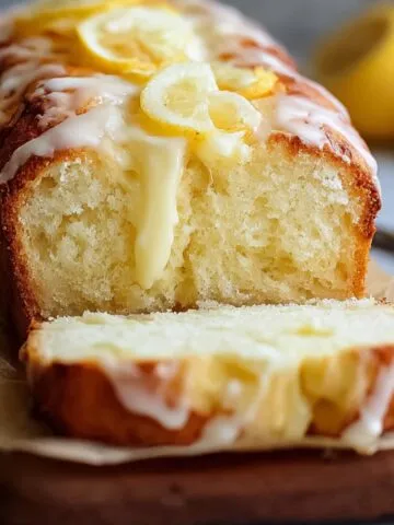 Homemade lemon cream cheese bread on a parchment-lined wooden board, topped with dripping lemon glaze and lemon slices, one slice cut to show moist crumb; whole and halved lemons blurred in the background.