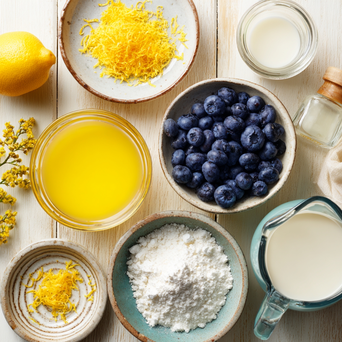 Top-down view of fresh ingredients for homemade lemon cream cheese bread on a rustic white table: whole lemon, lemon zest, lemon juice, blueberries, milk, vanilla extract, powdered sugar, and extra zest, all in ceramic bowls and glass jars, lit by soft natural light.
