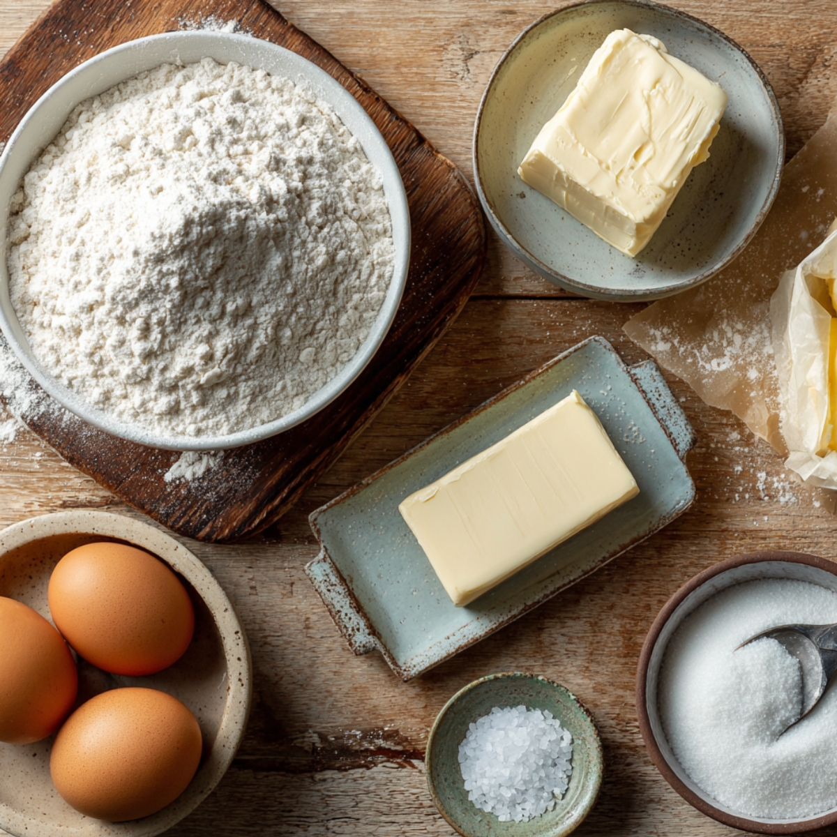 Top-down view of fresh baking ingredients for homemade lemon cream cheese bread on a rustic wooden table: bowl of flour with a light dusting, block of cream cheese, stick of unsalted butter, three brown eggs, coarse salt in a small dish, granulated sugar with spoon, and a partially unwrapped stick of butter, all lit with soft natural light.