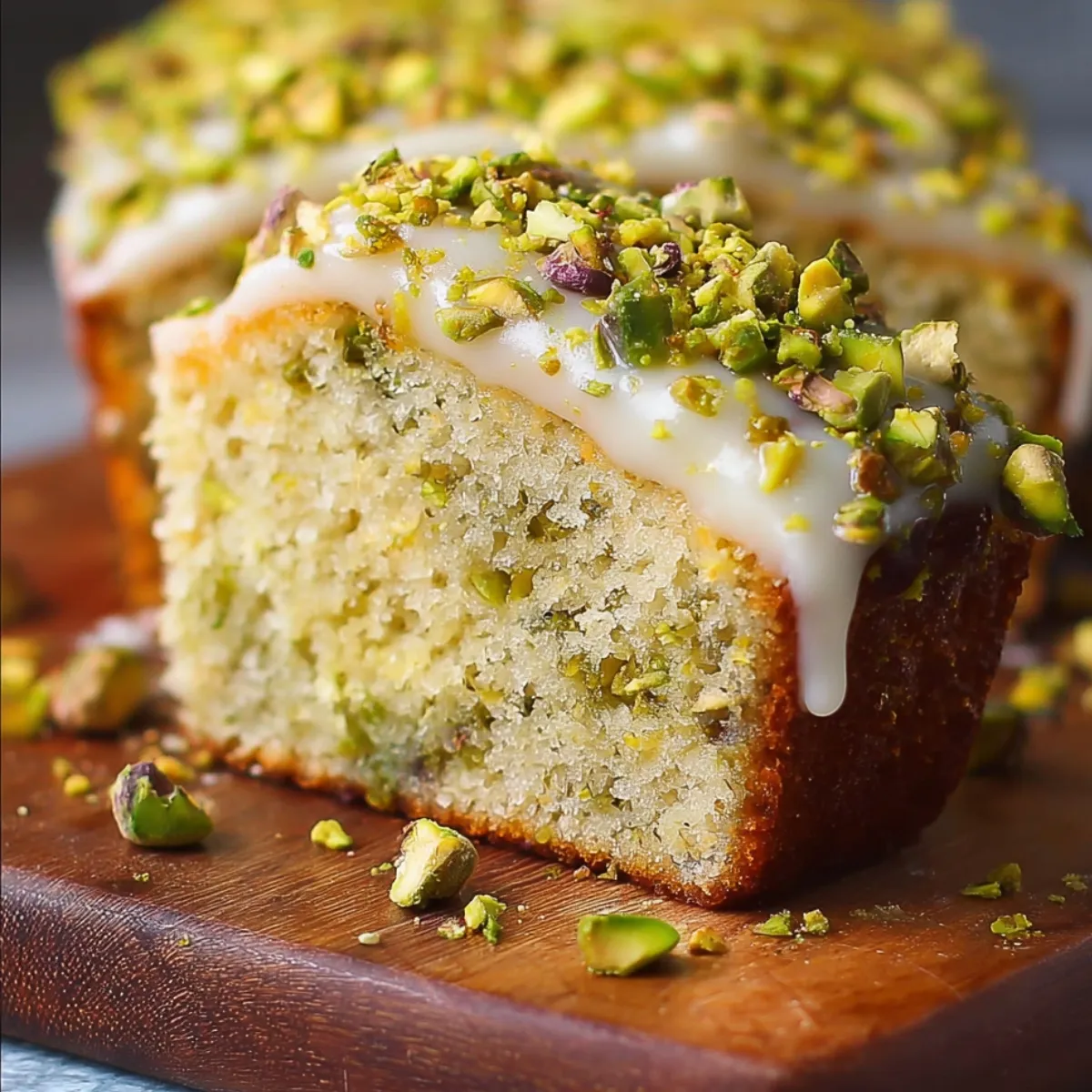 Close-up of lemon pistachio cake on a wooden board, topped with lemon glaze and chopped pistachios, moist crumb inside, natural homemade style.