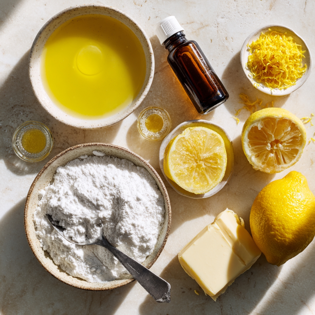 Flat lay of lemon zucchini cake ingredients including powdered sugar, butter, fresh lemons, lemon zest, lemon juice, vanilla extract, and oil on a sunlit kitchen counter