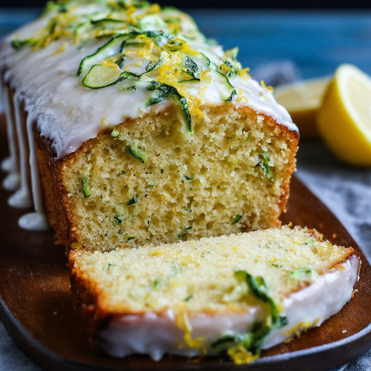 Homemade lemon zucchini cake with white glaze, zucchini ribbons, and lemon zest, sliced on a wooden board.