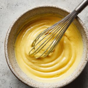 Golden yellow hollandaise sauce in a speckled bowl with a whisk, smooth and creamy, homemade style.