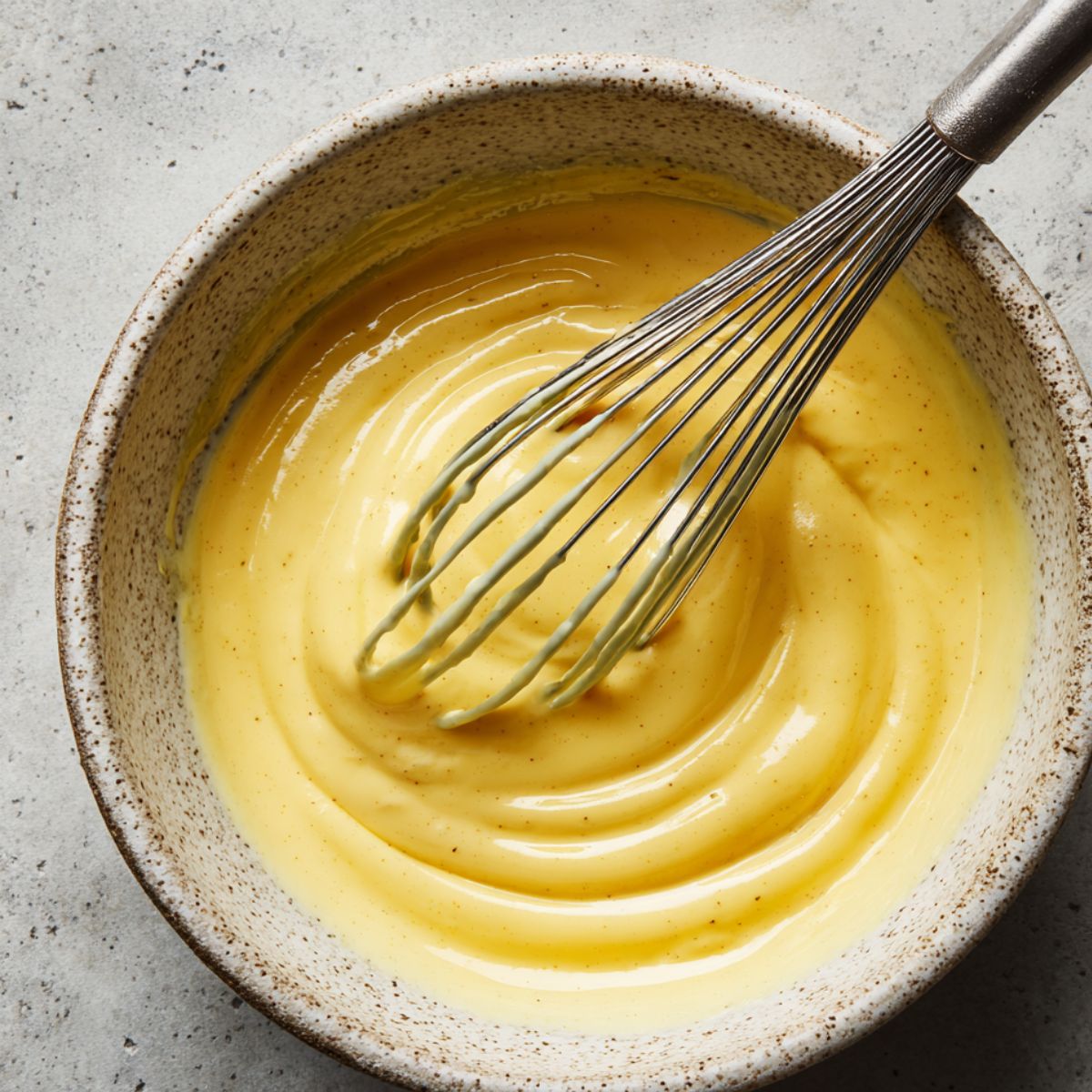 Golden yellow hollandaise sauce in a speckled bowl with a whisk, smooth and creamy, homemade style.