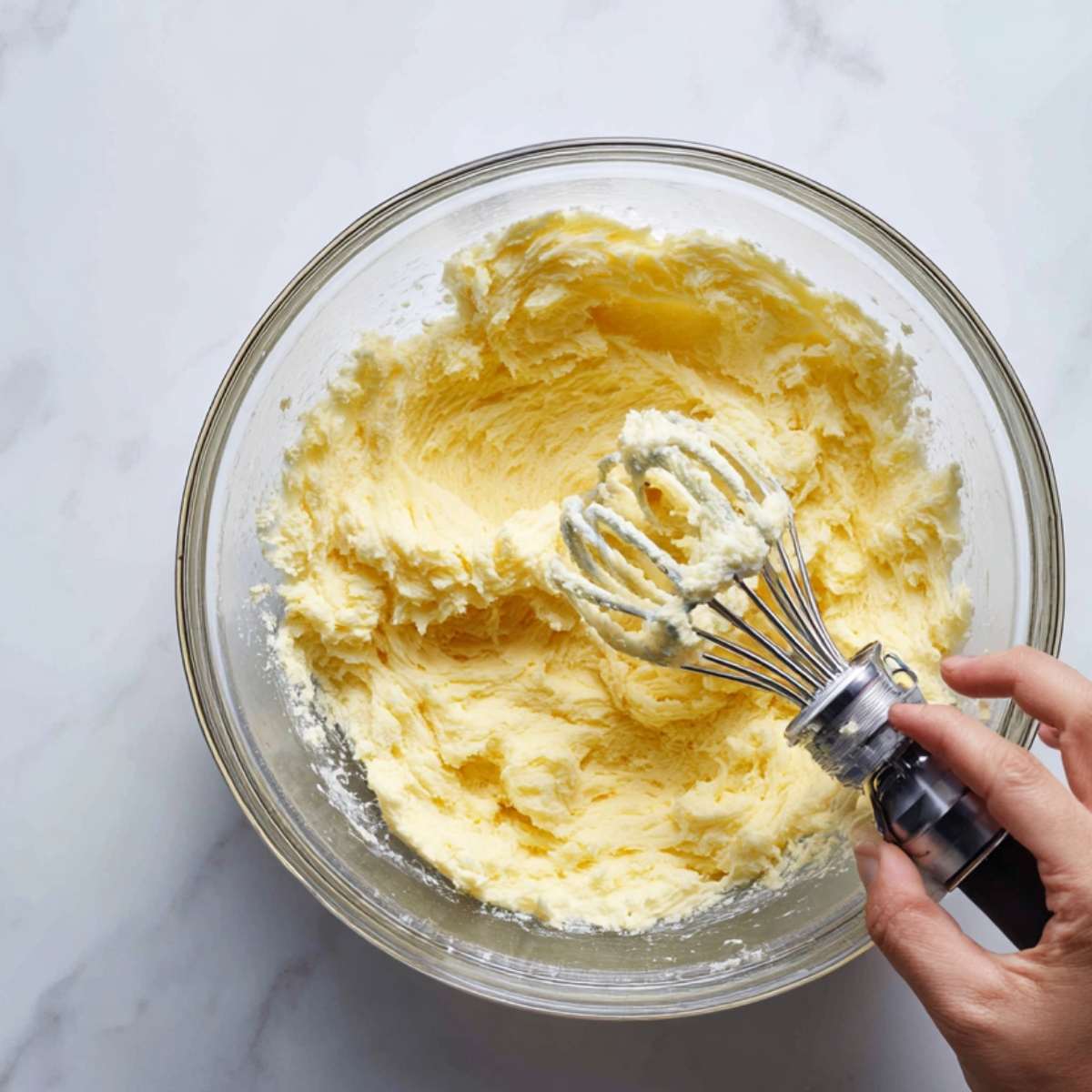 Fluffy creamed butter and sugar in a glass mixing bowl, being mixed with a handheld electric whisk. A hand is holding the whisk over the pale yellow mixture on a white marble countertop.