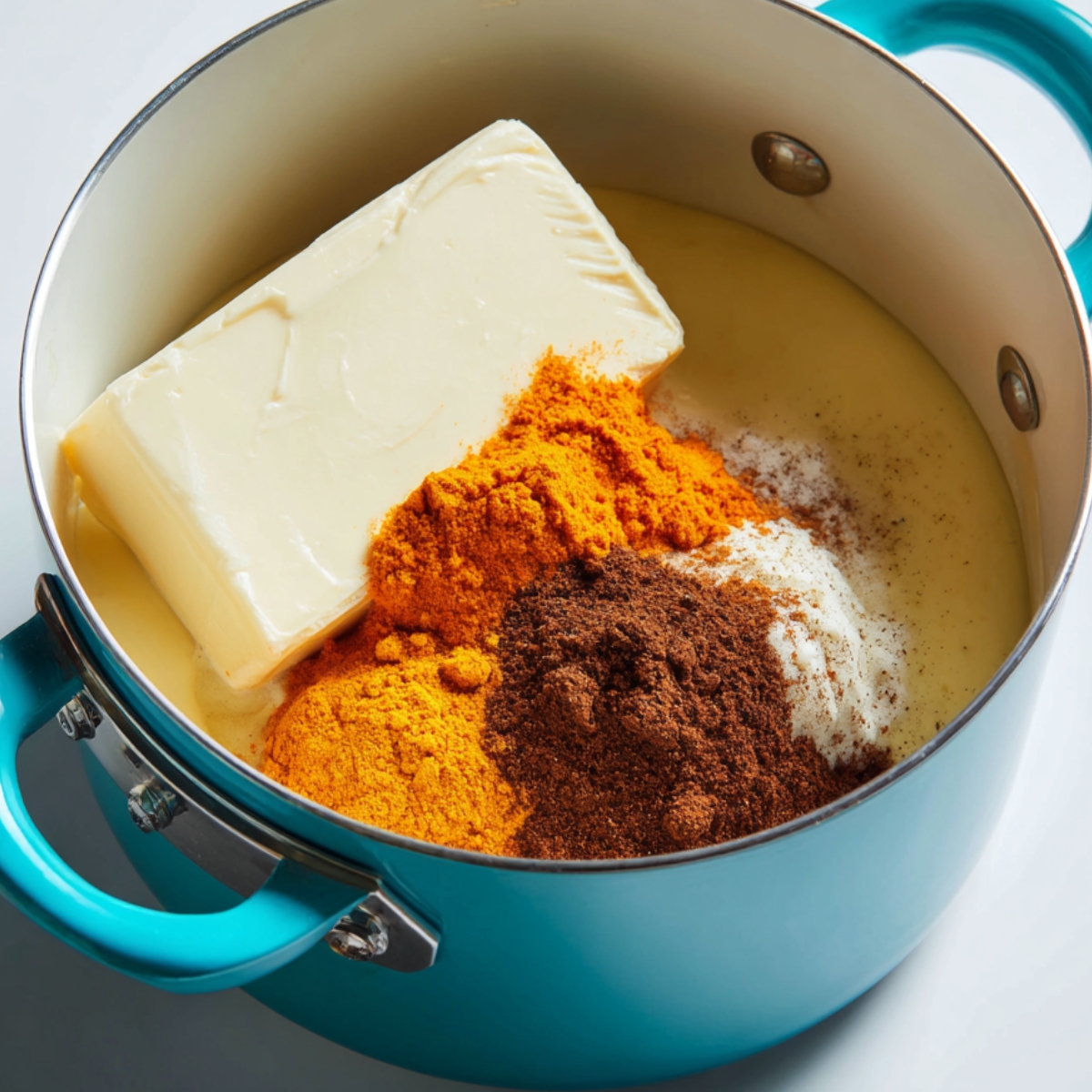 Block of cream cheese, pumpkin puree, and spices in a turquoise saucepan with sweetened condensed milk before mixing.