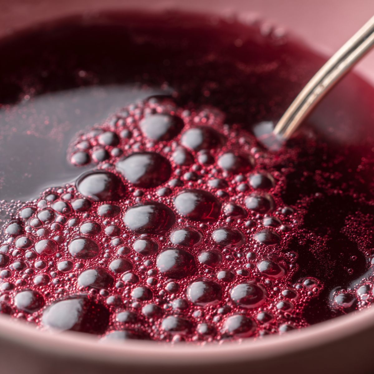 Close-up of deep red cherry syrup with glossy bubbles, in a pink bowl with a metal spoon, fresh and homemade.