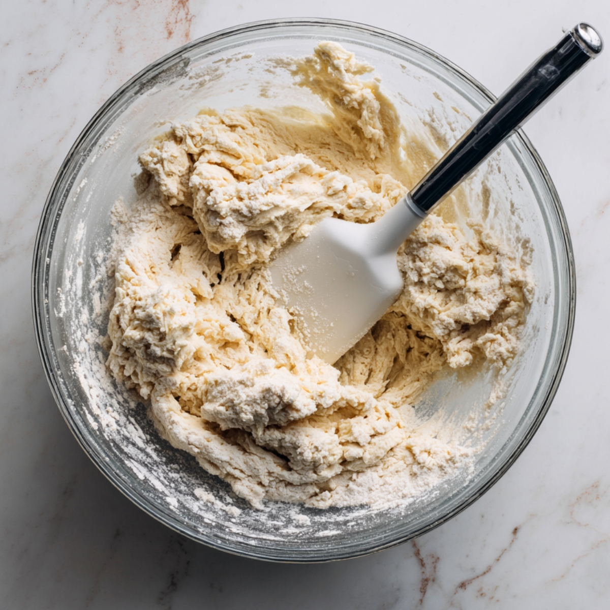 Homemade French beignet dough in a glass mixing bowl with a white spatula resting inside, showing a rough, flour-dusted texture on a marble countertop.