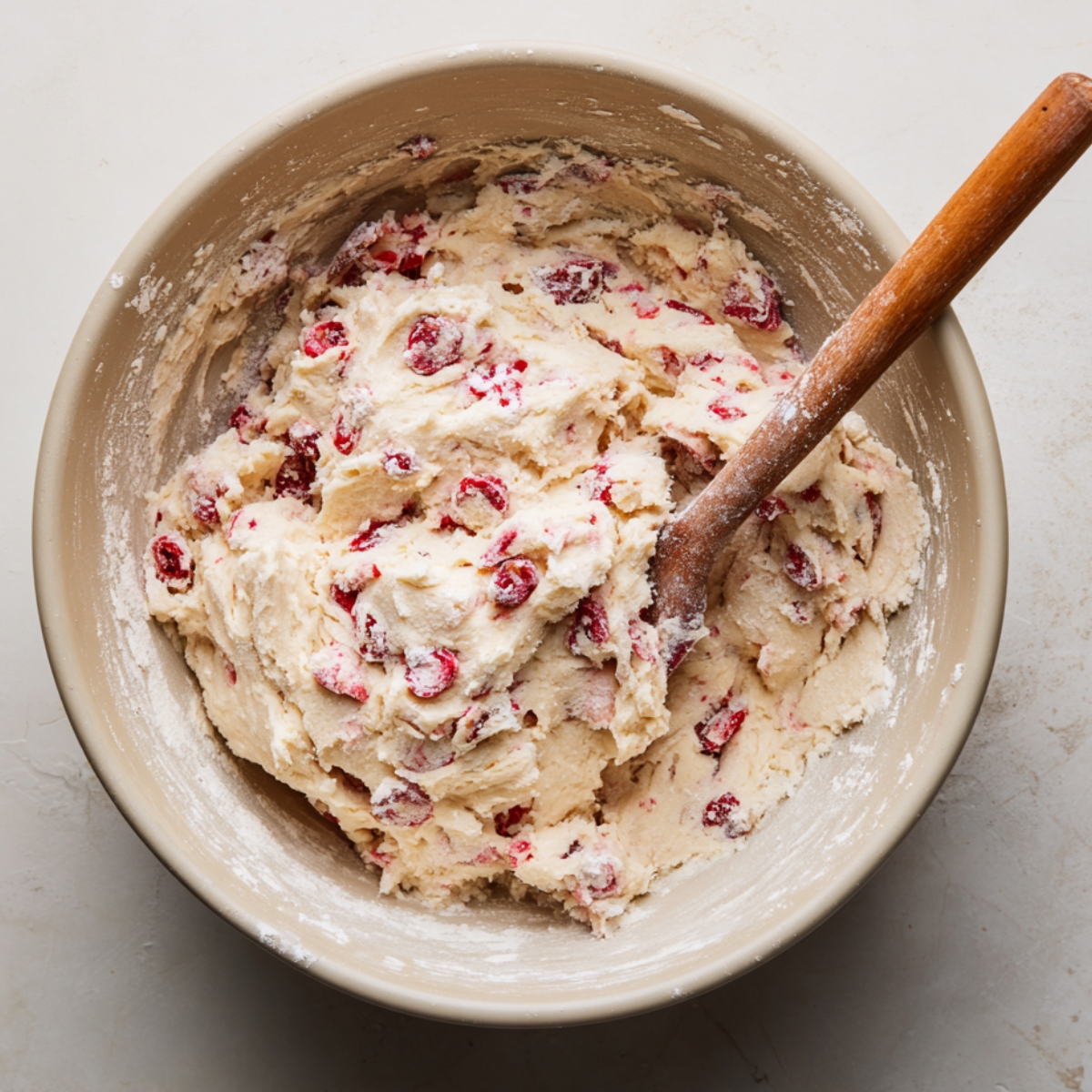 Top-down view of cherry cookie dough with chopped red cherries in a mixing bowl, with a wooden spoon resting inside.