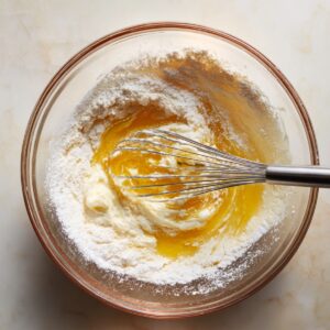 Mixing lemon glaze in a glass bowl with powdered sugar, lemon juice, and softened butter using a metal whisk