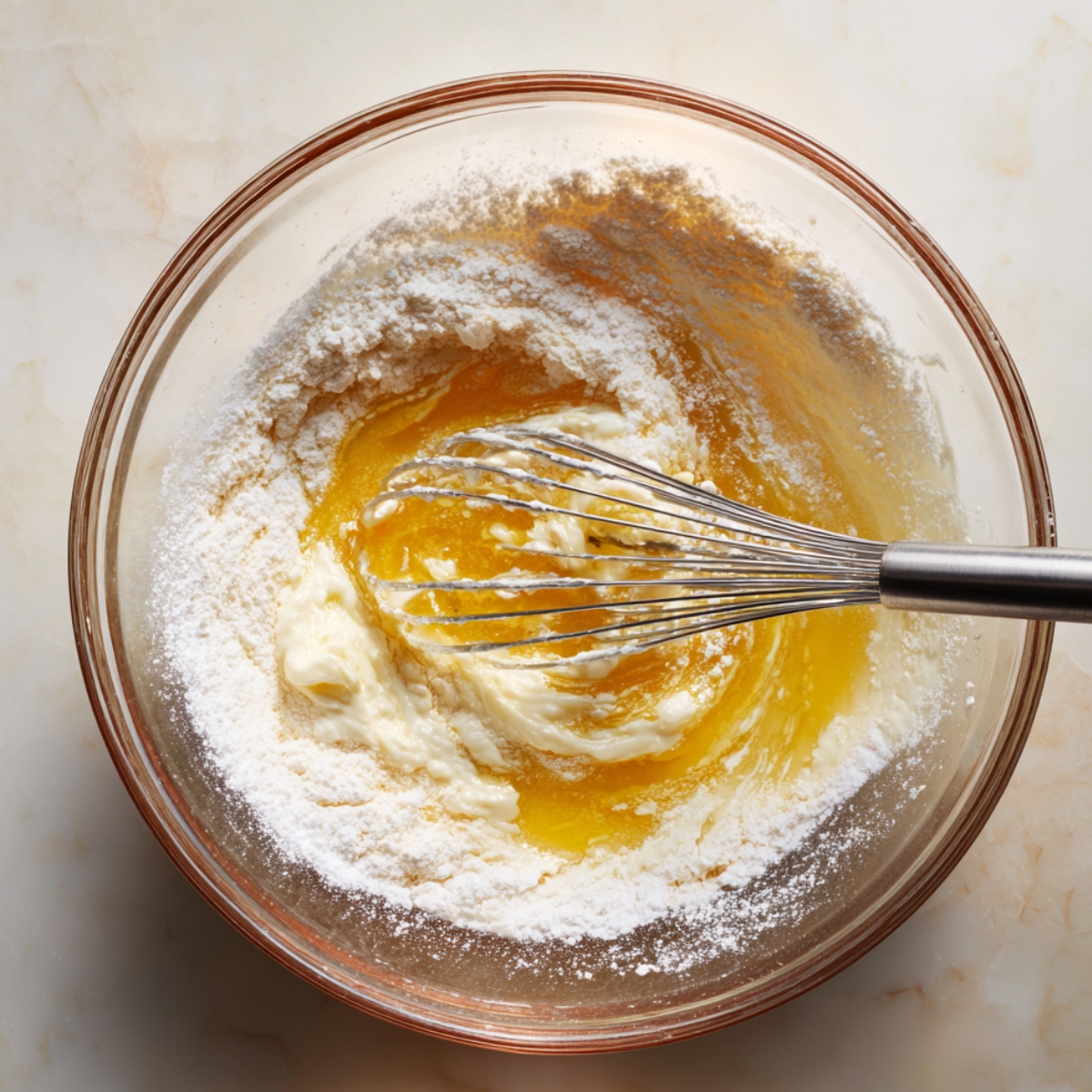 Mixing lemon glaze in a glass bowl with powdered sugar, lemon juice, and softened butter using a metal whisk