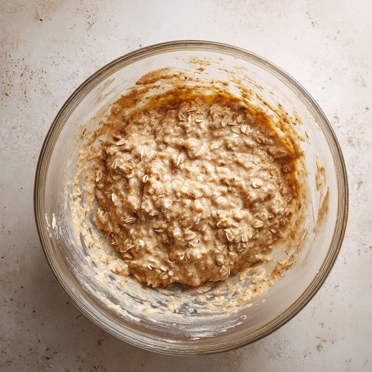Glass bowl of homemade oatmeal cake batter with oats and cinnamon flecks, resting on a light stone countertop.