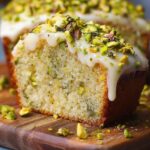 Moist Lemon Pistachio Cake slice with lemon glaze and chopped pistachios on top, moist crumb inside, sitting on a wooden board.