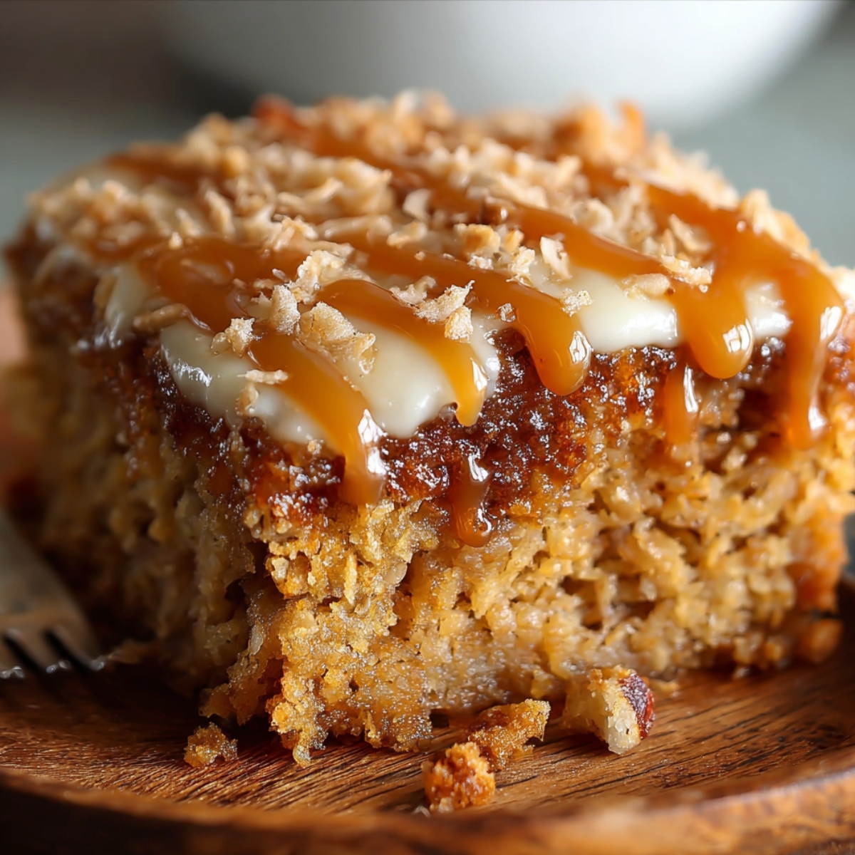 Close-up of a homemade oatmeal cake slice with toasted coconut, creamy glaze, and caramel drizzle on a wooden plate.