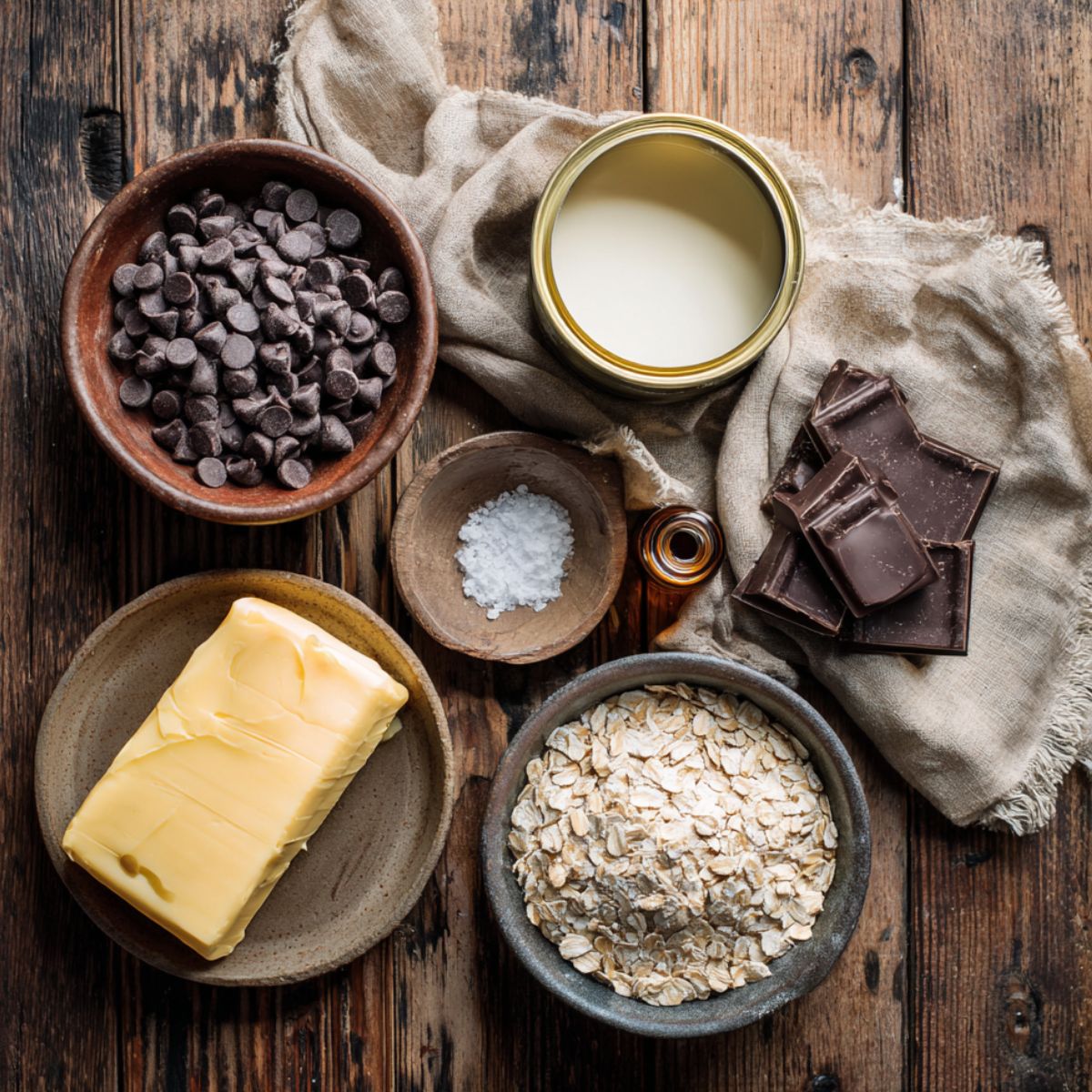 Overhead view of ingredients for homemade oatmeal fudge bars on a rustic wooden table, including oats, chocolate chips, butter, sweetened condensed milk, dark chocolate, vanilla extract, and sea salt.