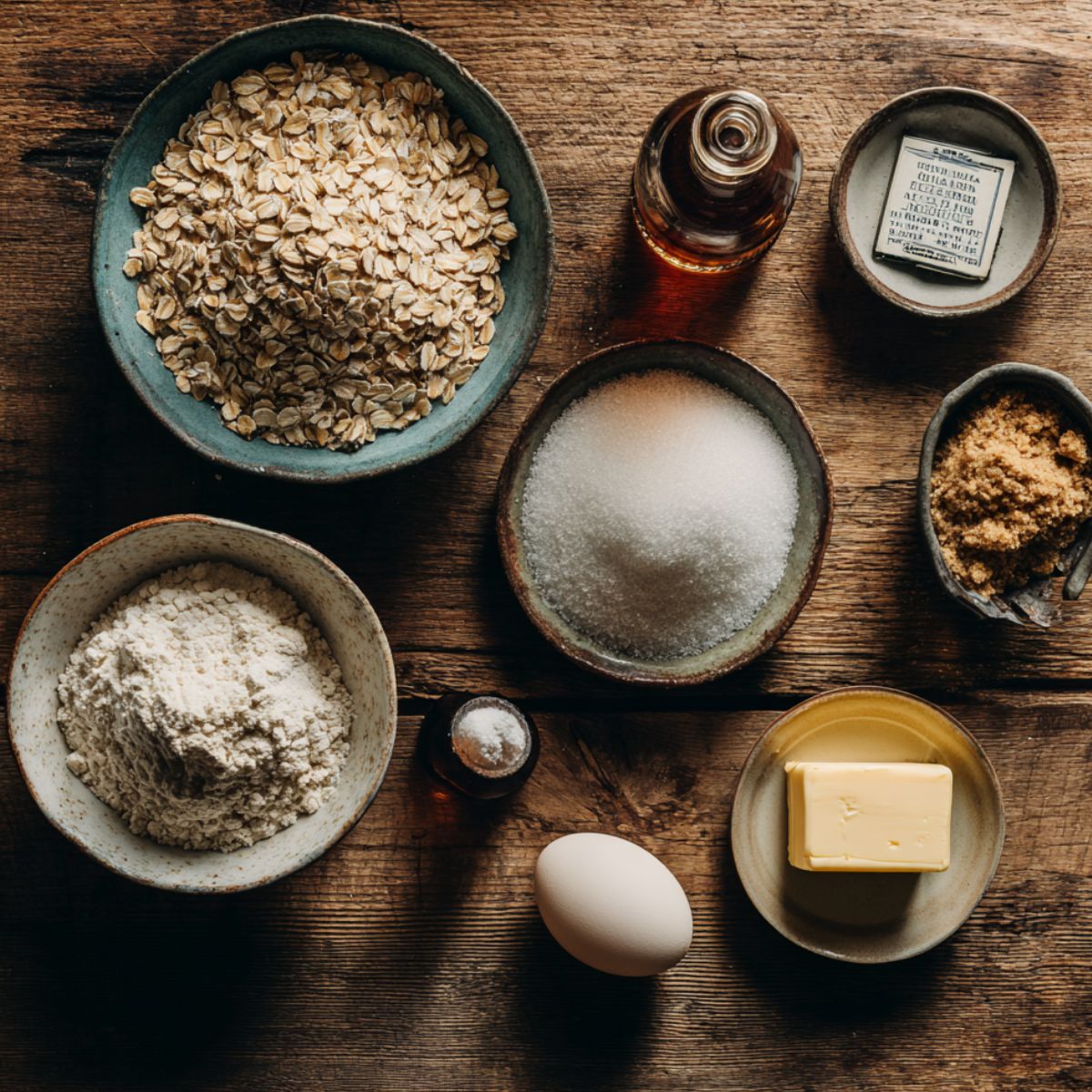 Overhead view of ingredients for homemade oatmeal fudge bars on a rustic wooden table, including oats, flour, sugar, brown sugar, butter, egg, vanilla extract, and baking soda.