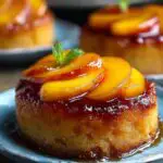 Homemade peach upside down mini cake with caramelized peaches and mint on a blue plate.