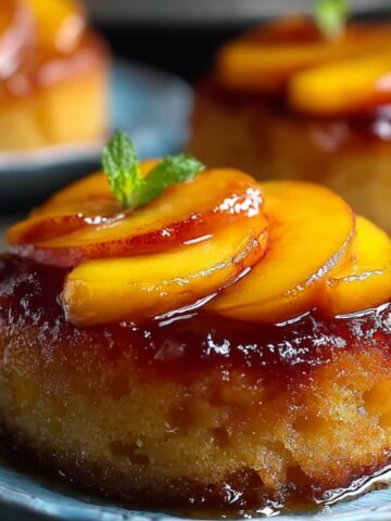 Homemade peach upside down mini cake with caramelized peaches and mint on a blue plate.