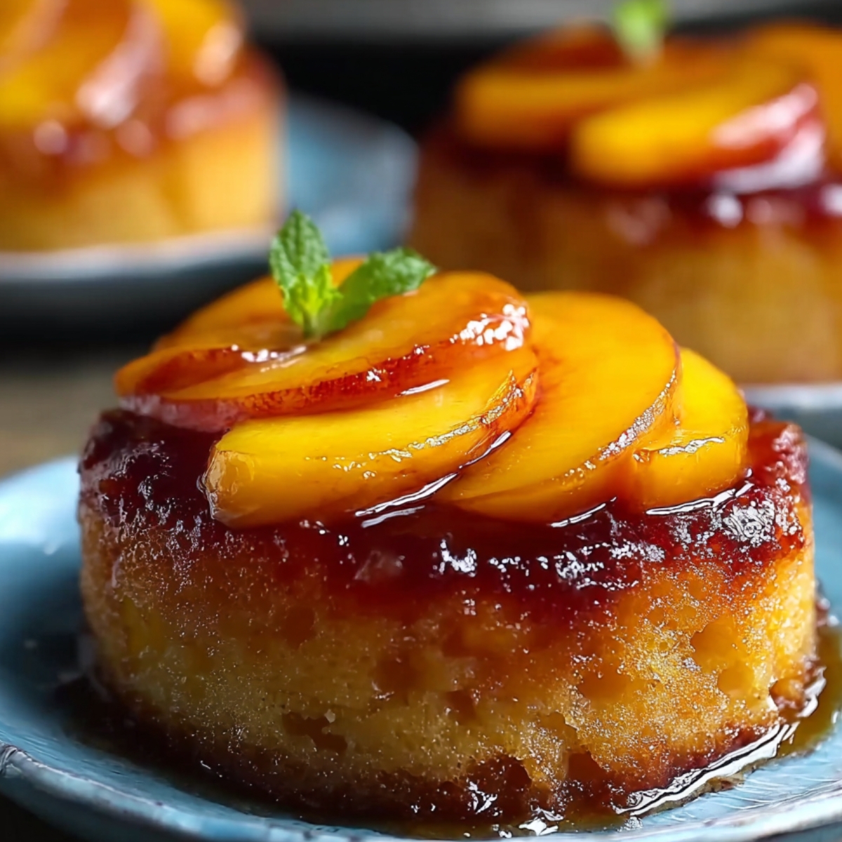 Homemade peach upside down mini cake with caramelized peaches and mint on a blue plate.