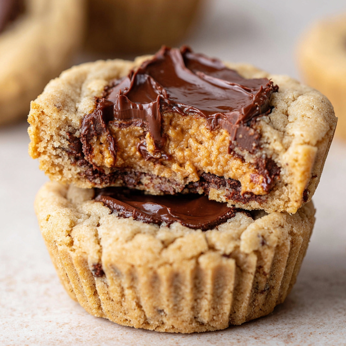 A bitten Peanut Butter Cup Cookies stacked on another, showing melty chocolate and gooey peanut butter in a soft, golden cookie.