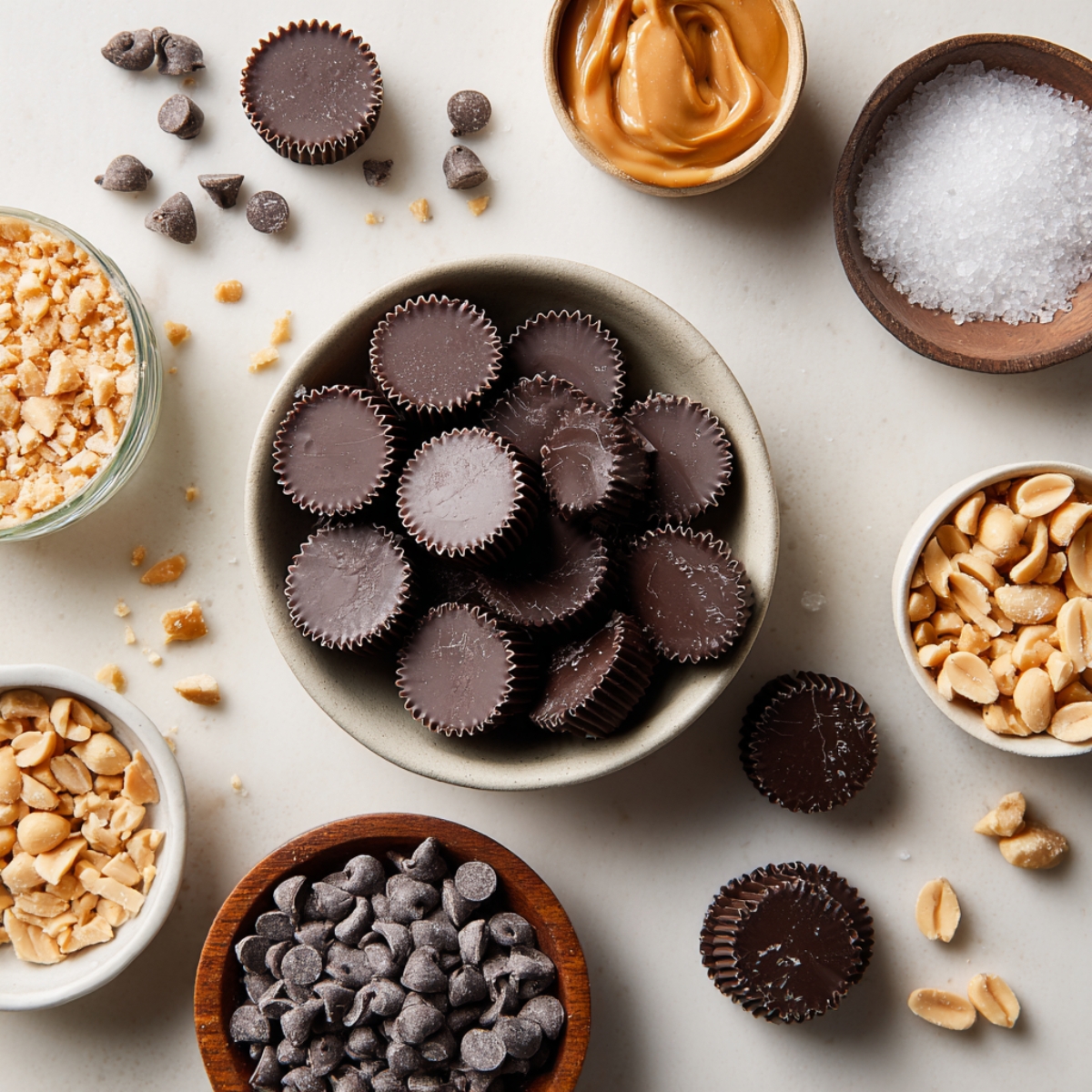A top view of mini chocolate peanut butter cups surrounded by bowls of peanut butter, peanuts, chocolate chips, crushed nuts, and sea salt on a white surface.