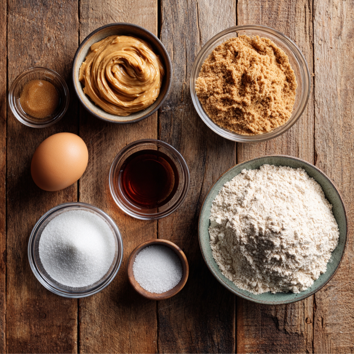 A rustic top-down view of peanut butter cup cookie ingredients arranged on a wooden surface, including bowls of creamy peanut butter, brown sugar, flour, white sugar, vanilla extract, salt, baking soda, and a whole egg.