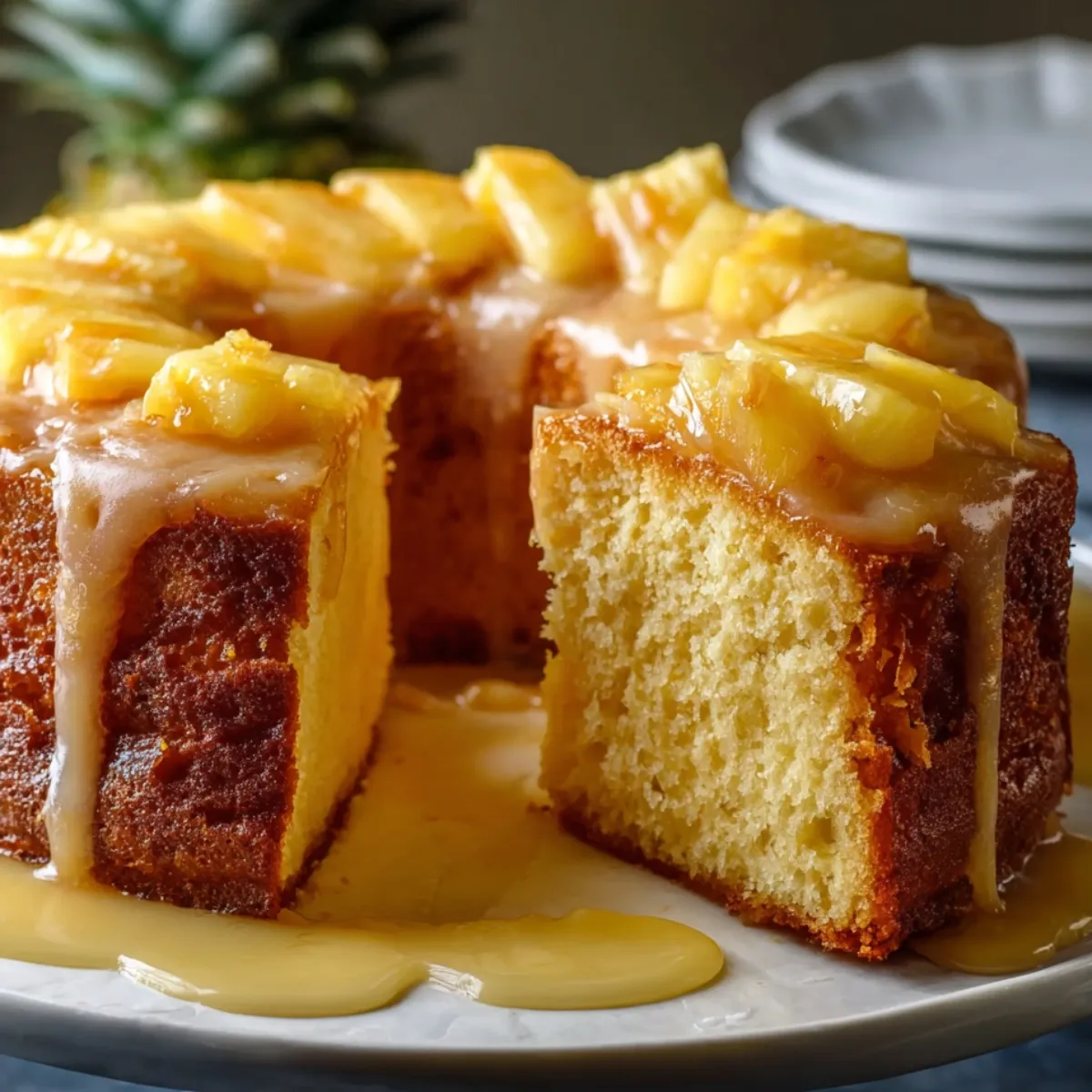 Pineapple Juice Cake with glaze and pineapple chunks on top.